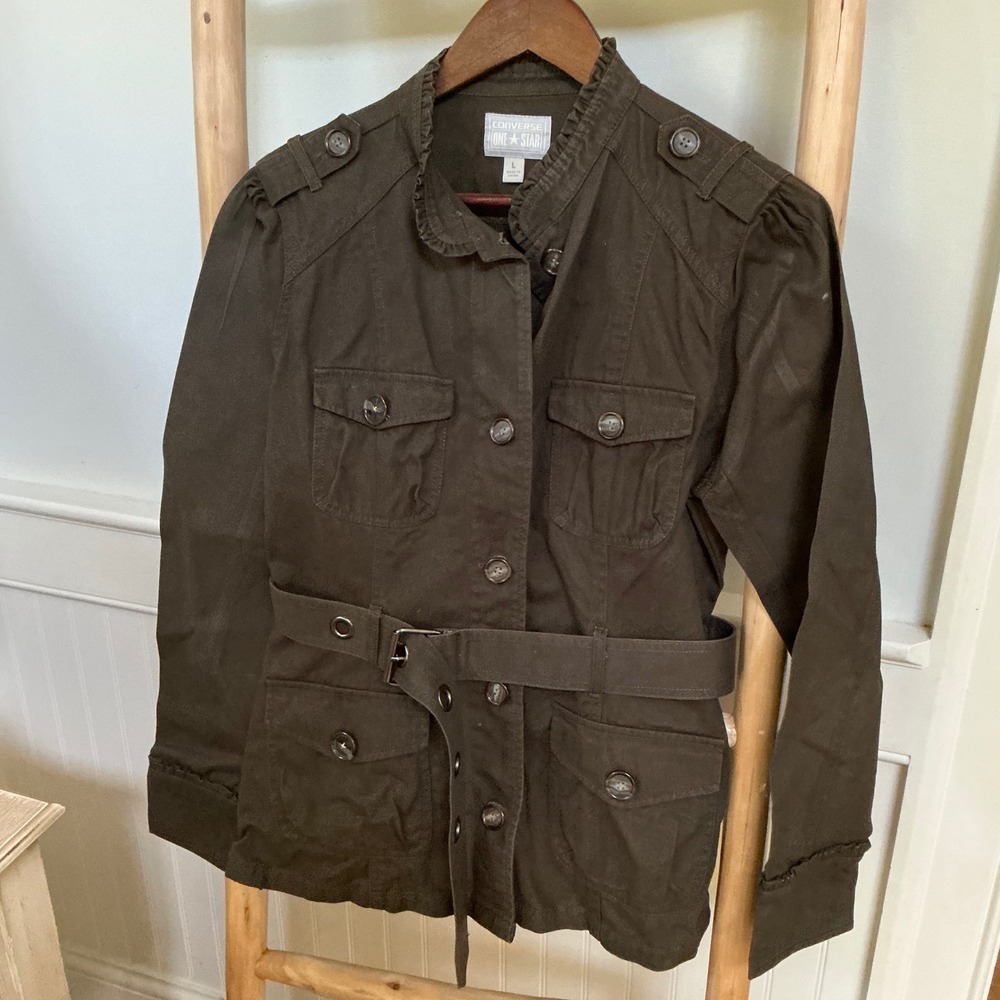 Converse One Star Womens Olive Green Utility Military Belted Jacket Ruffle L